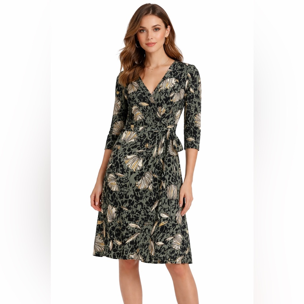 Leota‎ Libby Faux Wrap Dress Falling Flowers Laurel Wreath Olive Stretch Knit M